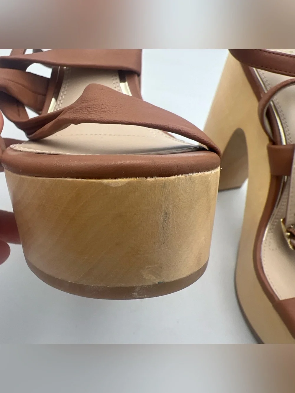 PAIGE Cayden Leather Ankle Strap Platform Sandal Woodgrain Block Heel Size 9 NEW